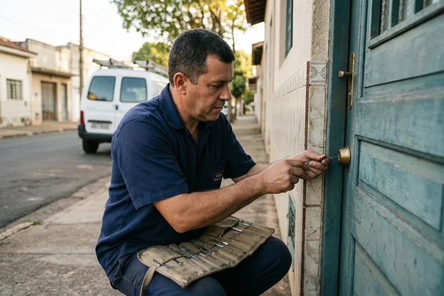 Chaveiro demonstrando técnicas para abrir portas trancadas em Catanduva.
